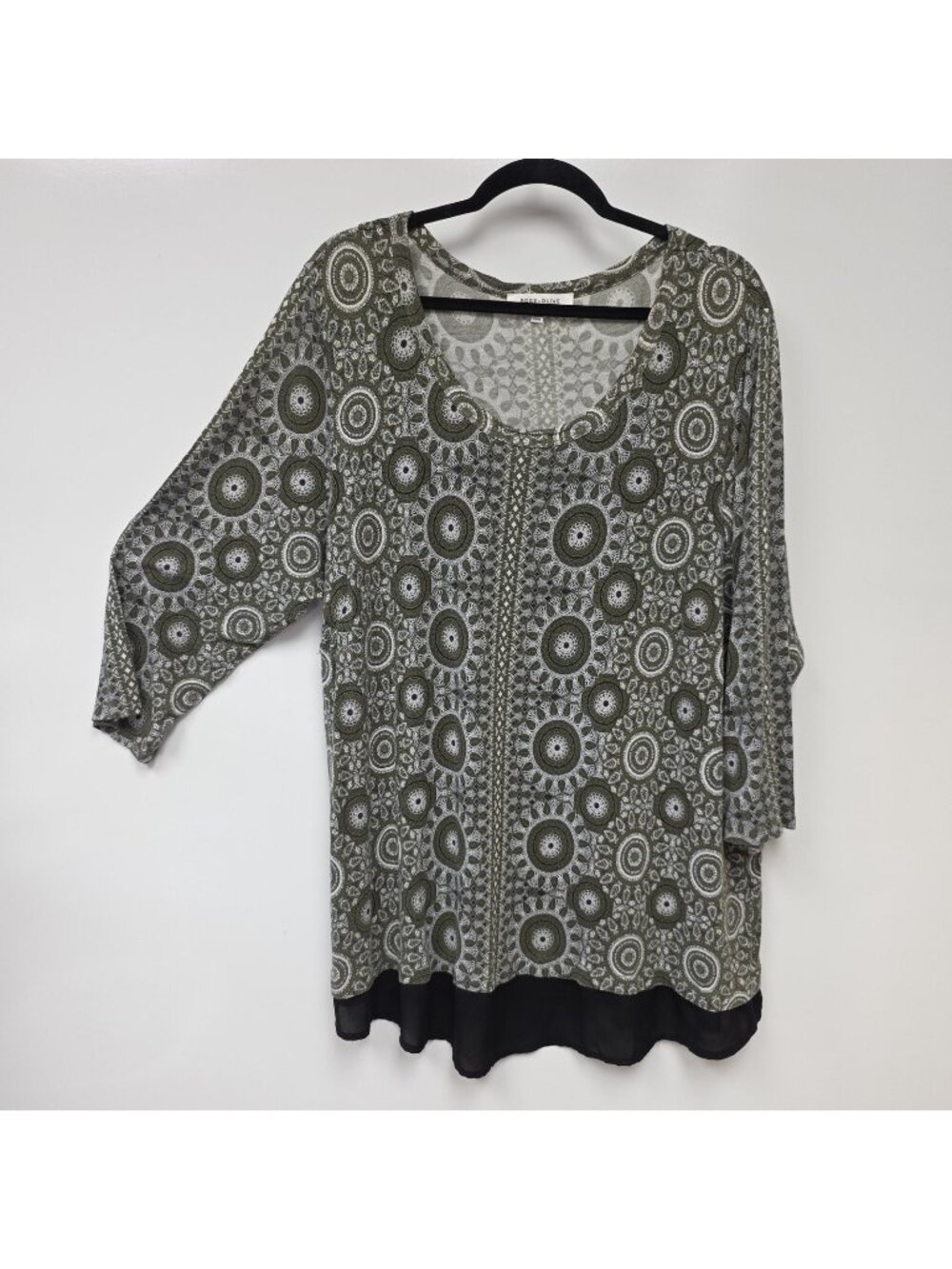 Rose+Olive Shirt Womens 3X Green Geometric Print Scoop Neck 3/4 Sleeve Tunic Top